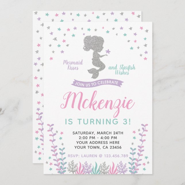 Mermaid, Under the Sea, Silver and Purple Invitation (Front/Back)
