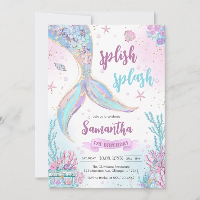 Mermaid Under the Sea Splish Splash Birthday Invitation (Front)