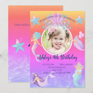 Mermaid under the sea watercolor ocean birthday invitation