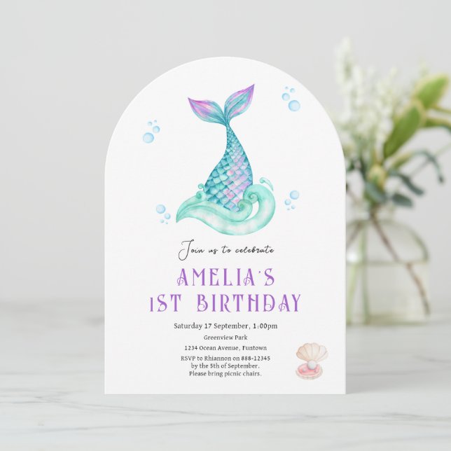 Mermaid Under the sea white birthday invitation (Standing Front)
