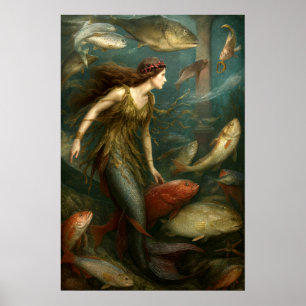 Mermaid Under The Sea With Fish Poster