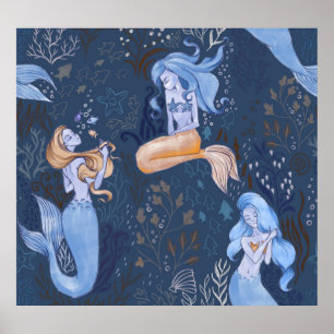 Mermaid Underwater Sea Seamless Illustration Poster