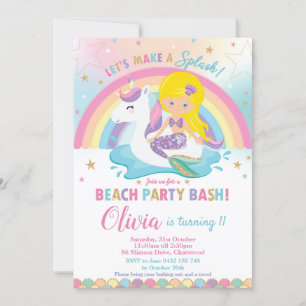 Mermaid Unicorn Beach Party Birthday Blonde Invitation