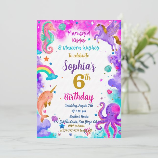 Mermaid & Unicorn Birthday Invitation Magic Party (Standing Front)