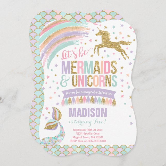 Mermaid & Unicorn Birthday Invitation Magic Party (Front/Back)