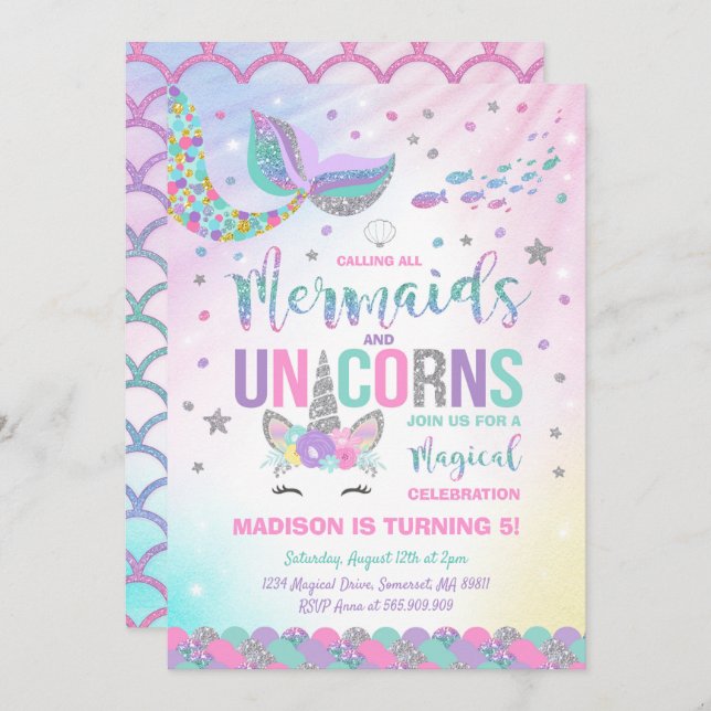 Mermaid & Unicorn Birthday Invitation Magic Party (Front/Back)