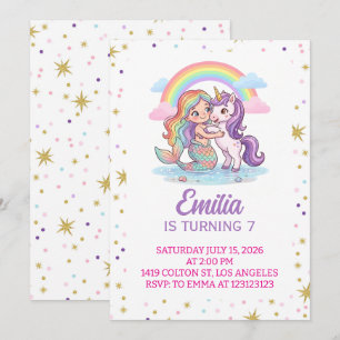 Mermaid Unicorn Birthday Invitation with Star