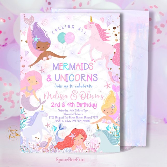 Mermaid & Unicorn Birthday Party Invitation Under (Mermaid and Unicorn magical,Birthday Party,Invitation mermaid,Sea Mermaid,Party invite,Under The Sea)