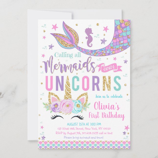 Mermaid Unicorn Girl Birthday Invitation (Front)