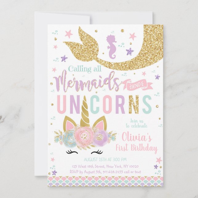 Mermaid Unicorn Girl Birthday Invitation (Front)