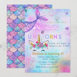 Mermaid & Unicorn Gold Glitter invite 4 girl/twins