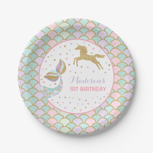 Mermaid & Unicorn Gold Paper Plate 7" Paper Plates (Front)