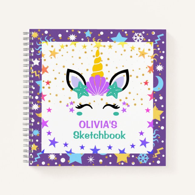 Mermaid Unicorn Personalised Kids Sketchbook Notebook (Front)
