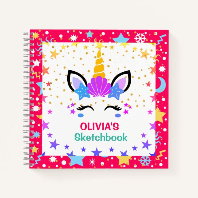 Mermaid Unicorn Personalised Kids Sketchbook Notebook (Front)
