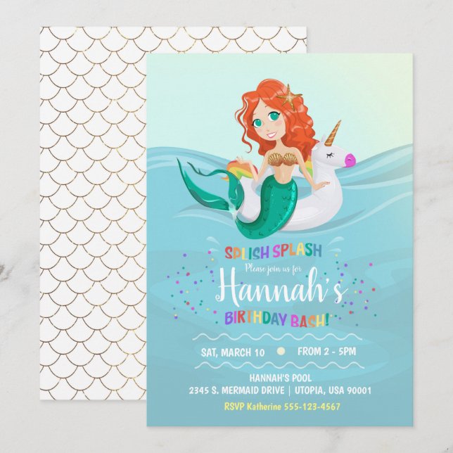 Mermaid Unicorn Pool Birthday Party Invitation (Front/Back)