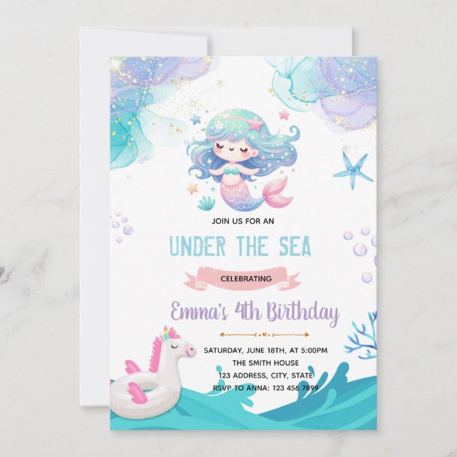 Mermaid Unicorn pool invitation (Front)