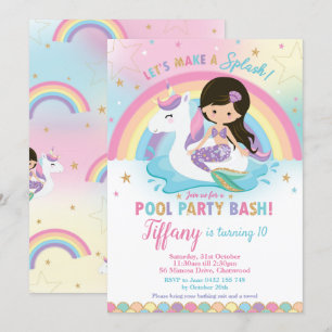 Mermaid Unicorn Pool Party Birthday Black Hair Invitation