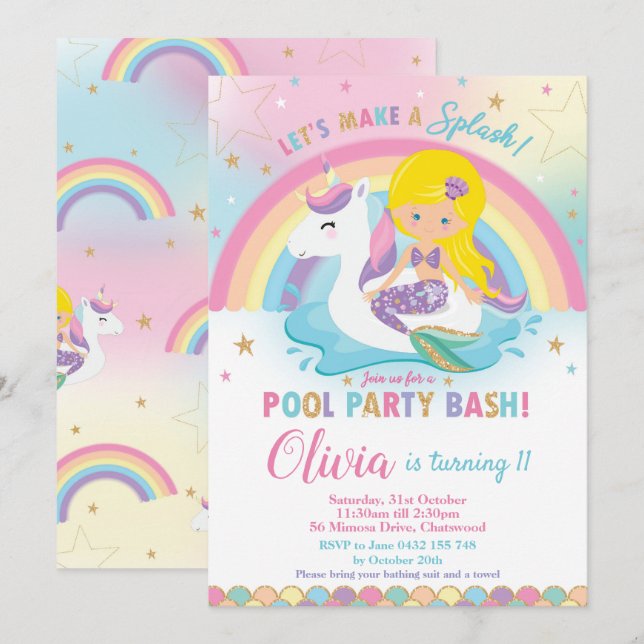 Mermaid Unicorn Pool Party Birthday Blonde Invitation (Front/Back)
