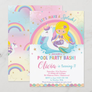 Mermaid Unicorn Pool Party Birthday Blonde Invitation