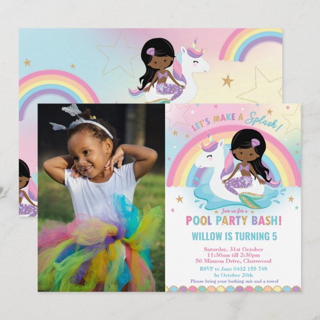 Mermaid Unicorn Pool Party Birthday Dark Skin Tone Invitation (Front/Back)