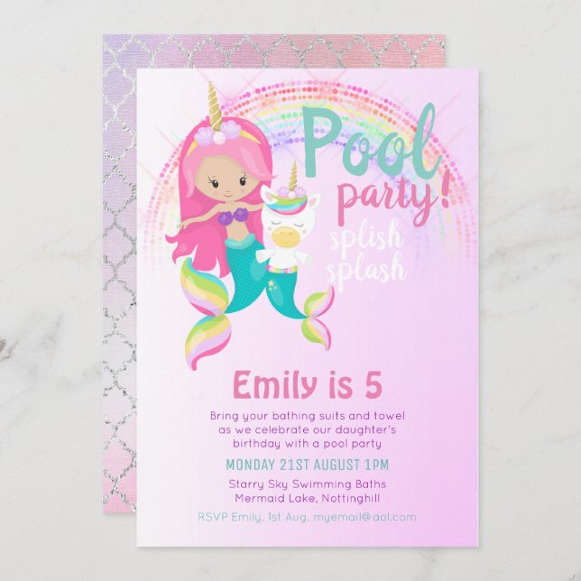 Mermaid Unicorn Pool Party Pink Blue Girl Invitation (Front/Back)