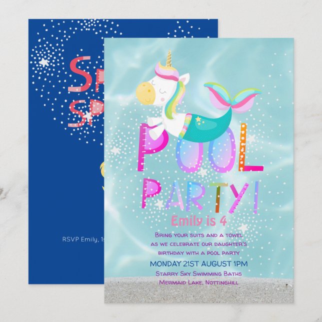 Mermaid Unicorn POOL Party Pink Glitter Girls Invitation (Front/Back)