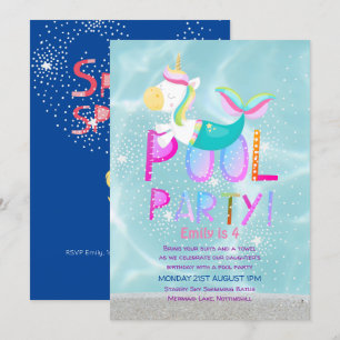 Mermaid Unicorn POOL Party Pink Glitter Girls Invitation