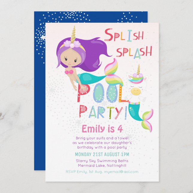 Mermaid Unicorn POOL Party Pink Glitter Girls Invitation (Front/Back)