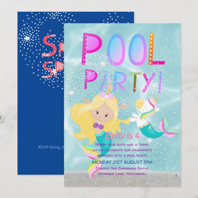 Mermaid Unicorn POOL Party Pink Glitter Girls Invitation (Front/Back)