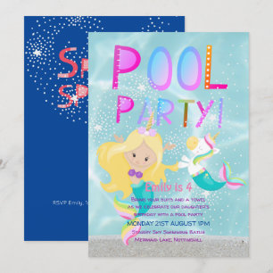 Mermaid Unicorn POOL Party Pink Glitter Girls Invitation
