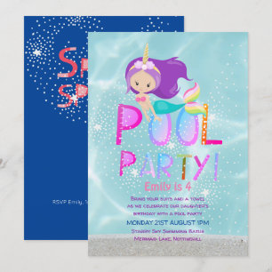 Mermaid Unicorn POOL Party Pink Glitter Girls Invitation