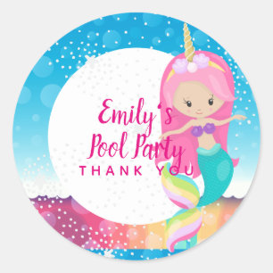 Mermaid Unicorn Pool Party Supplies Pink Blue Girl Classic Round Sticker