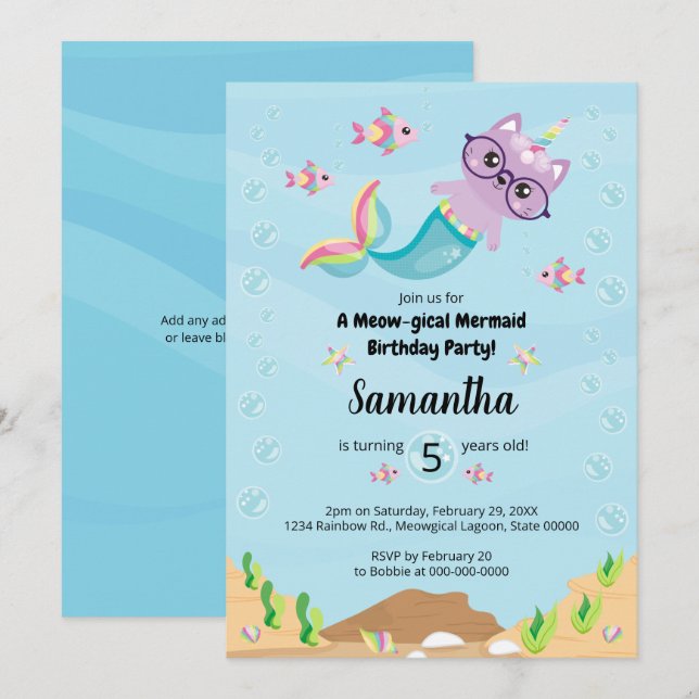 Mermaid Unicorn Under the Sea Birthday Party Invitation (Front/Back)
