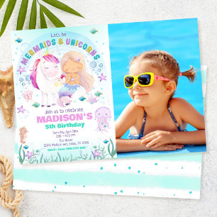 Mermaid & Unicorn Under the Sea Birthday Photo Invitation