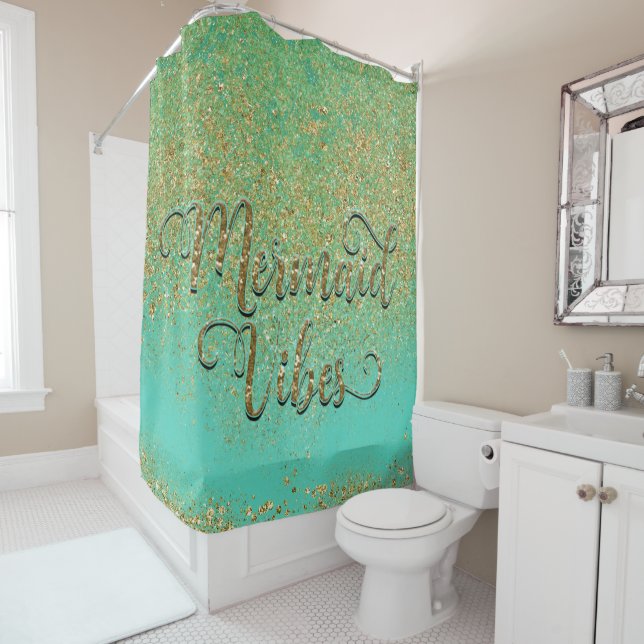 Mermaid Vibes Cascading Gold Glitter Teal Aqua Shower Curtain (In Situ)