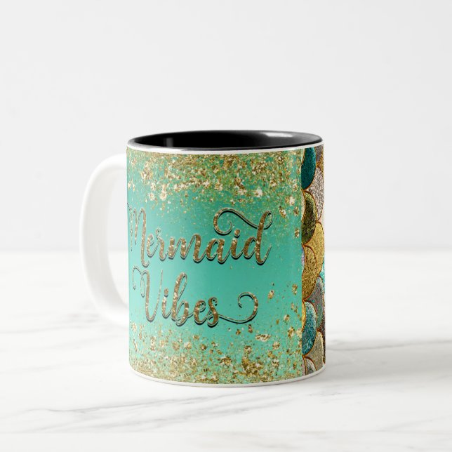 Mermaid Vibes Gold Cascading Glitter & Scales Two-Tone Coffee Mug (Front Left)