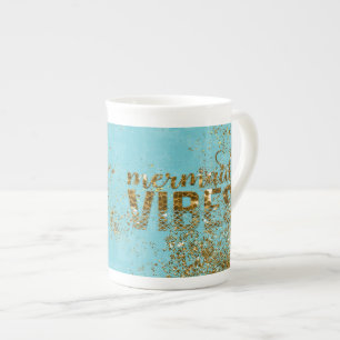 Mermaid Vibes- Gold Glitter Typography on Teal Bone China Mug