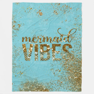 Mermaid Vibes- Gold Glitter Typography on Teal Fleece Blanket