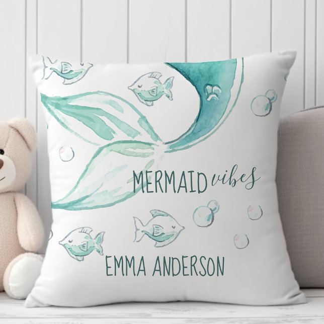 Mermaid Vibes Watercolor Nautical Fish Monogram Cushion (Creator Uploaded)