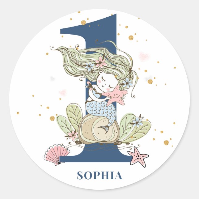 Mermaid Watercolor 1st Birthday  Classic Round Sticker (Front)