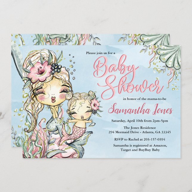 Mermaid Watercolor Baby Shower Invitation (Front/Back)