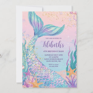 Mermaid Watercolor Birthday Invitation
