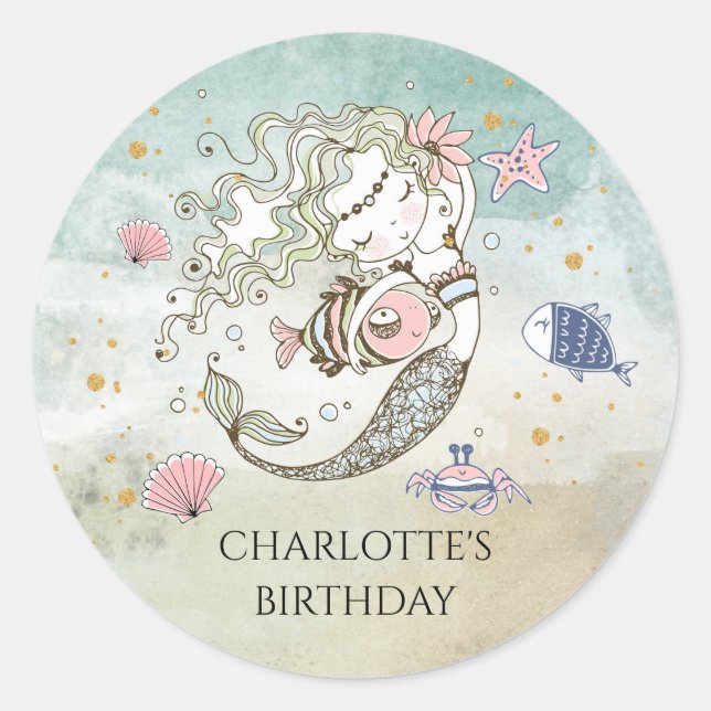 Mermaid Watercolor Birthday Sticker (Front)