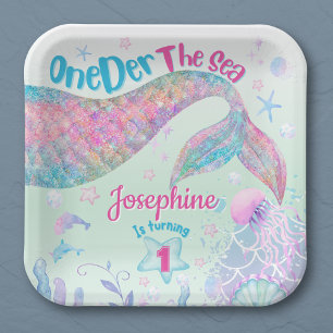 Mermaid watercolor first birthday square paper plate