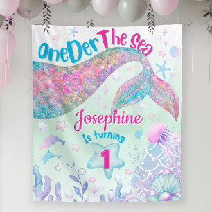 Mermaid watercolor first birthday welcome sign tapestry