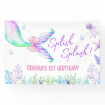 Mermaid Watercolor Girl first Birthday Backdrop