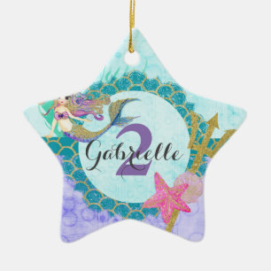 Mermaid Watercolor Name & Age Baby Girl Birthday Ceramic Ornament