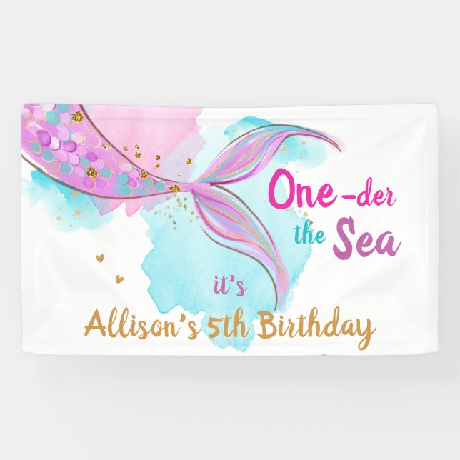 Mermaid Watercolor Pink Girl Birthday Backdrop Ban Banner (Horizontal)