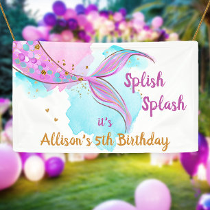 Mermaid Watercolor Pink Girl Birthday Backdrop Banner