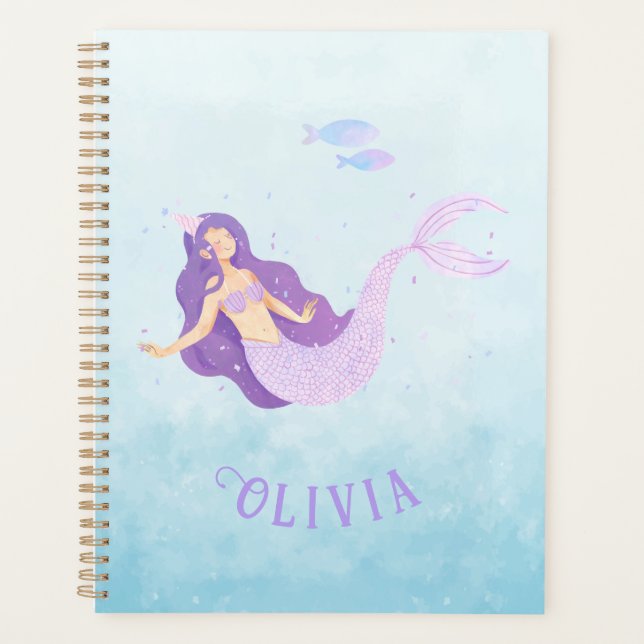 Mermaid Watercolor Purple Cute Girl Birthday  Planner (Front)